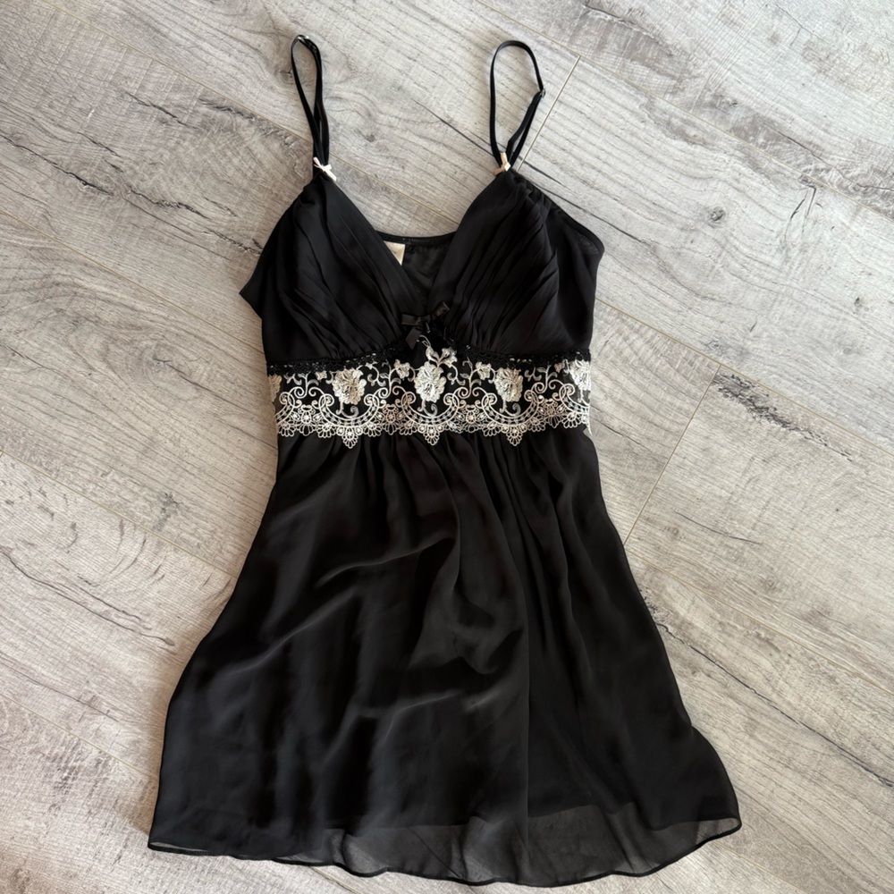 Vintage Y2K Black Slip Dress with White Lace & Bow